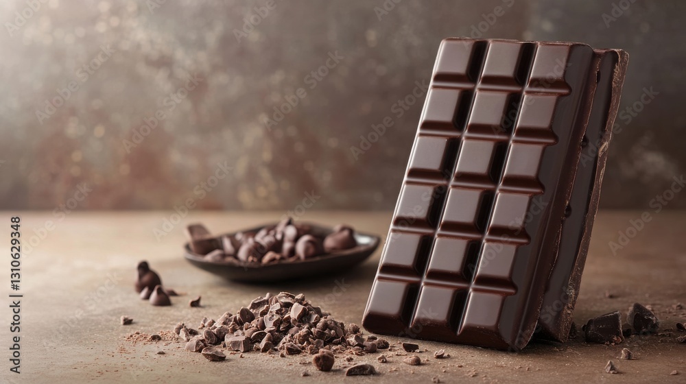 A luxurious chocolate bar with a spoonful of rich chocolate resting elegantly against a soft background for pure indulgence