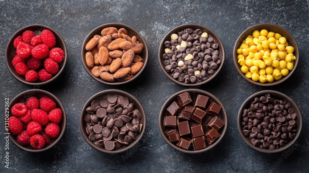 A nutritious array of chocolates, raisins, and nuts presented together to highlight health benefits and deliciousness A nutritious array of chocolates, raisins, and nuts presented together to highlight health benefits and deliciousness