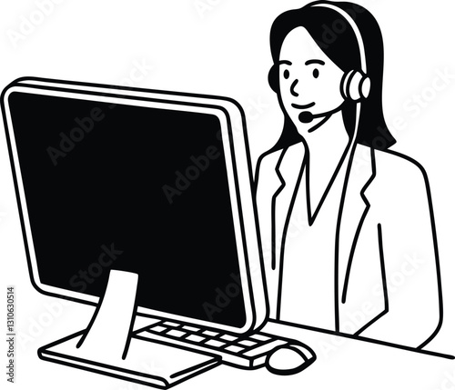 Female customer service operator line drawing  in front of a computer with a headset.