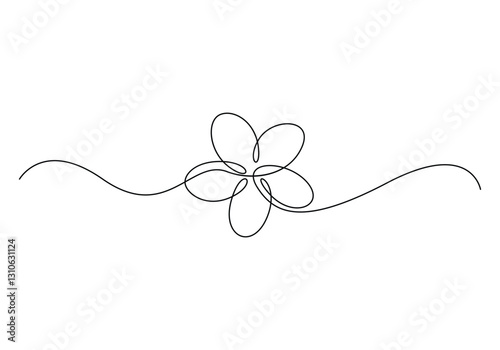Plumeria flower continuous single line drawing. Frangipani linear blossom. Continuous line drawing of Plumeria flower. Frangipani blossom with petals for floral tattoo in simple linear style. Vector i