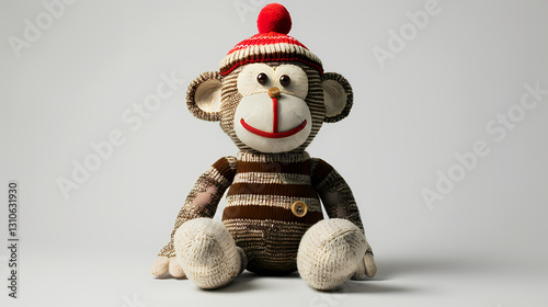 sock monkey plush toy, sitting upright on a plain background