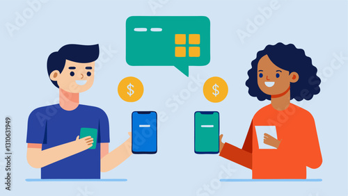 PeertoPeer Payments An illustration of two friends sending money to each other through a banking app showcasing features like instant transfers and splitting bills.