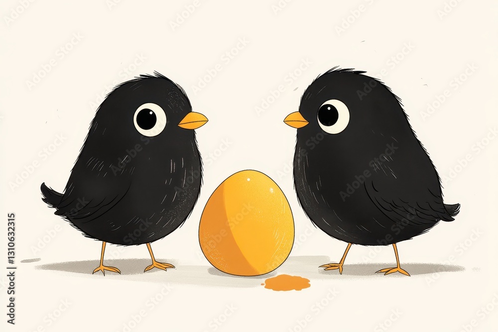 Fototapeta premium Two Cute Black Birds With Yellow Egg Cartoon Illustration