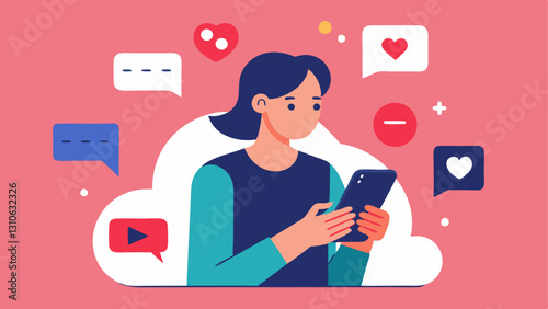 Social Media Influence A person scrolling through a smartphone surrounded by likes and edited images representing the pressure to conform to unrealistic beauty ideals.