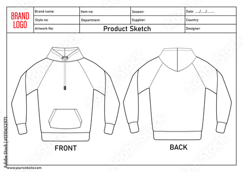 Hoodie technical drawing flat sketch with clothing tech pack template