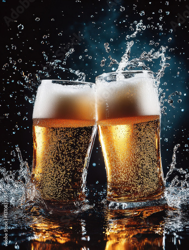 Wallpaper Mural Two beer glasses clinking together with splashes of water, dark blue background Torontodigital.ca
