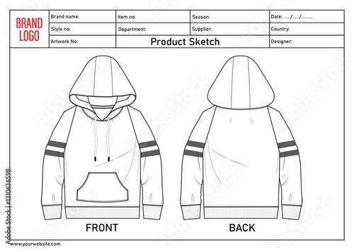 Hoodie technical drawing flat sketch with clothing tech pack template