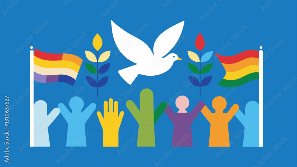 Symbols of Hope Icons such as doves olive branches and rainbow flags superimposed over a crowd scene ing the peaceful aspirations of human rights activists. Symbols of Hope Icons such as doves olive branches and rainbow flags superimposed over a crowd scene ing the peaceful aspirations of human rights activists.