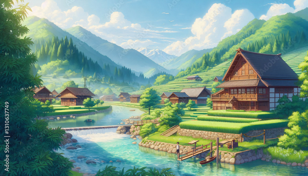 Fototapeta premium Classic Thai village by river - Anime aesthetic wallpaper