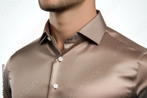 Man's Taupe Silk Shirt Close-up Studio Shot.