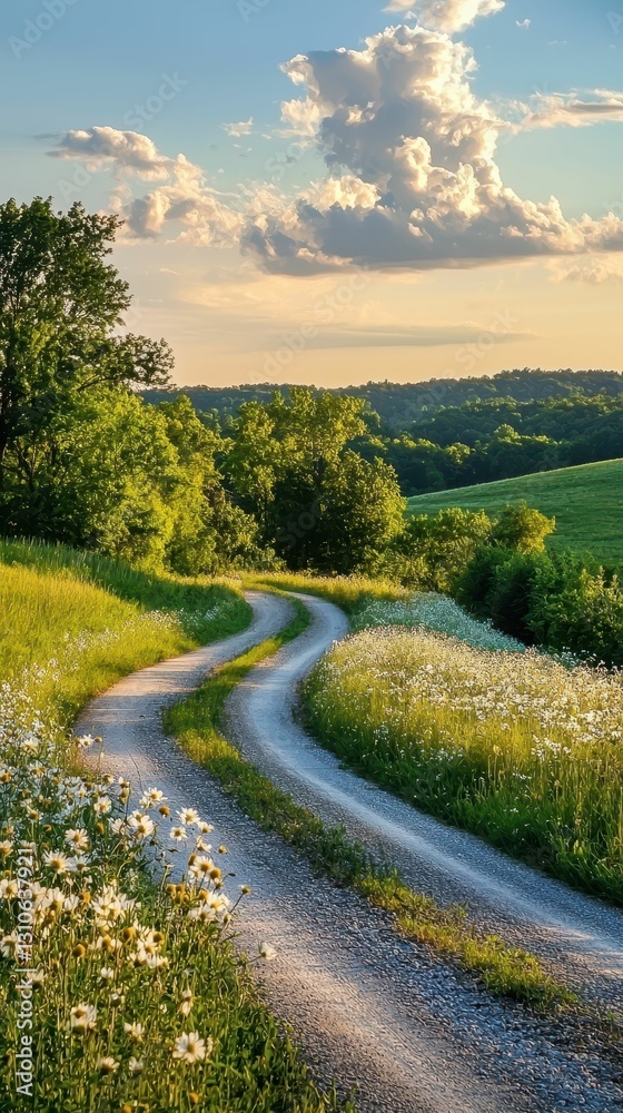 Naklejka premium Serene Country Road at Crossroads with Lush Green Landscape