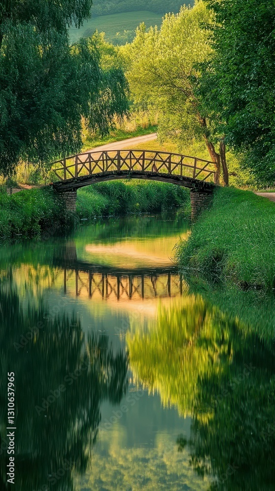 Fototapeta premium Serene Riverbank Scene with Wooden Bridge and Lush Greenery