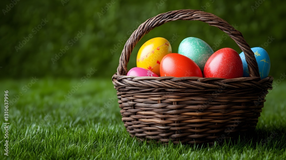 Colorful Easter eggs in wicker basket on grass