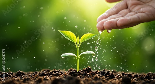Watering Young Plant Seedling Growing in Soil Nurturing Growth