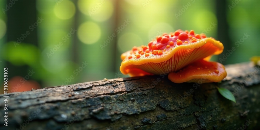 Vibrant Orange Fungus on Forest Log, Illuminated by Soft Sunlight, Displaying Intricate Cap Texture and Delicate Gills Vibrant Orange Fungus on Forest Log, Illuminated by Soft Sunlight, Displaying Intricate Cap Texture and Delicate Gills
