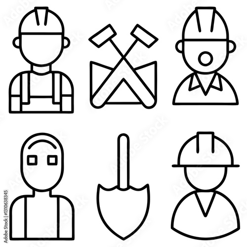 Labor Day in construction industry line art icon set vector illustration. International Labor Day
