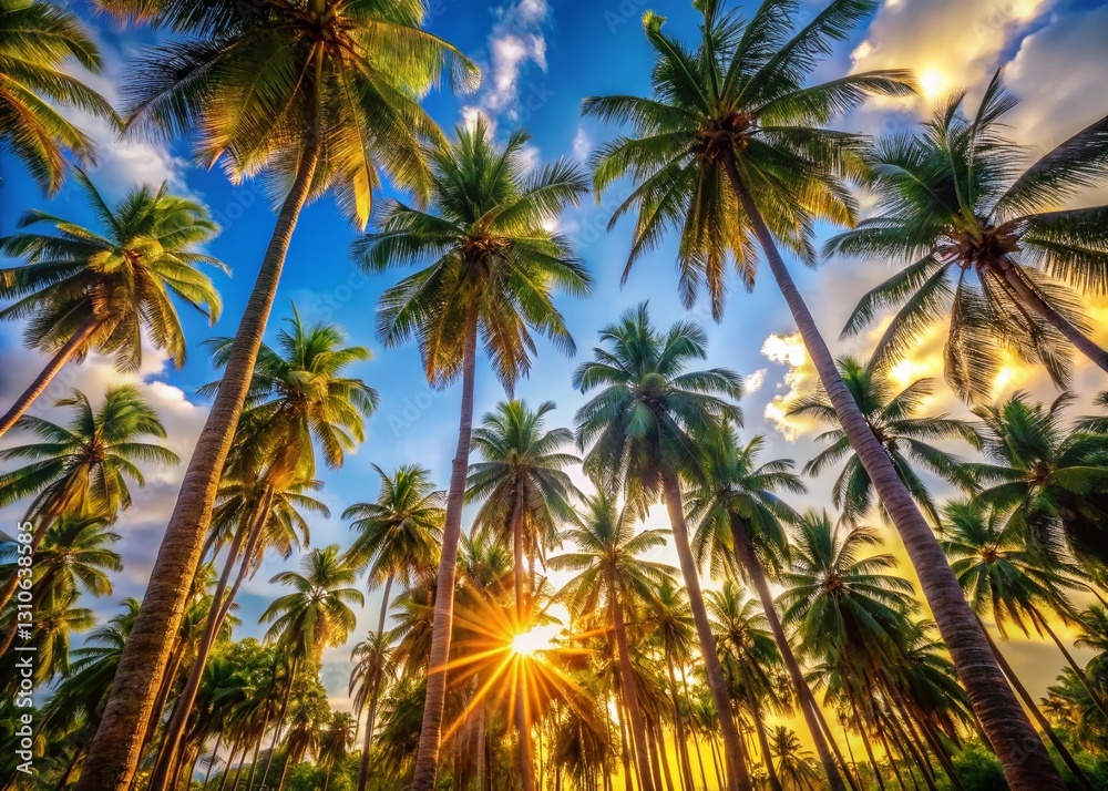 Fototapeta premium Majestic Palm Trees Silhouetted Against a Vibrant Sunset