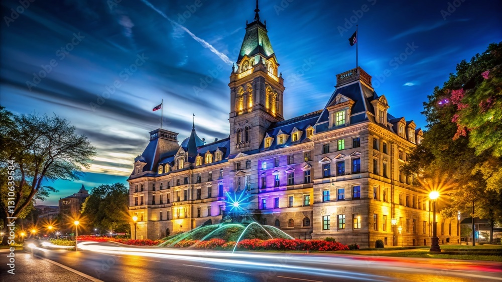 Fototapeta premium Majestic Quebec City Hall at Night, Illuminated Architecture, Canada