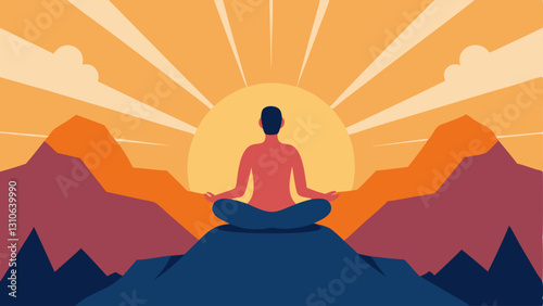 Sunrise Over Mountains A person sitting crosslegged on a mountain peak surrounded by rays of sunlight with uplifting affirmations like I am strong and I am capable floating in the