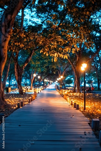 A futuristic public park where plants glow at night