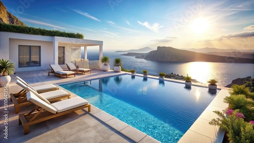 Santorini Pool Villa 3D Render  Luxury Vacation Home with Infinity Pool   Aegean Sea View