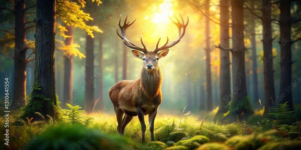 Fototapeta premium Majestic Stag in Sunlit Clearing - 4K Hyperrealistic Wildlife Photography