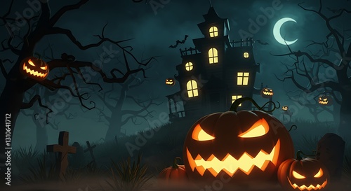 Spooky Halloween Scene with Haunted House and Jack-o'-lanterns at Night
