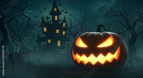 Jack-o'-lantern and Haunted House on Halloween Night Spooky Scene
