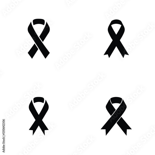 Breast cancer black ribbon silhouette vector bundle. Four black awareness ribbons, symbol of solidarity.