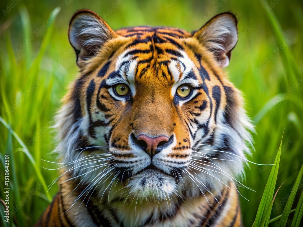Fototapeta premium Majestic Tiger Close-Up: Whiskers in Grassy Field - Wildlife Stock Photo