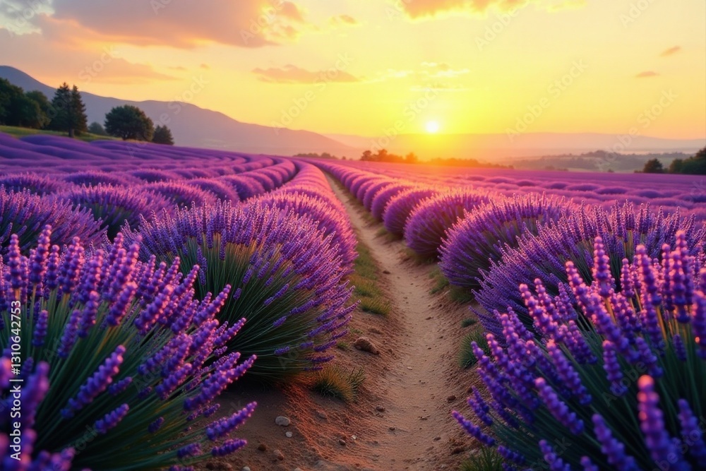 Obraz premium Golden Hour Serenity A Pathway Through Rows of Lavender Blossoms at Sunset