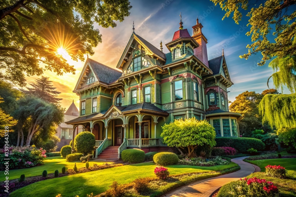 Obraz premium Majestic Victorian Architecture: Elegant Facade & Lush Garden, Rule of Thirds Composition