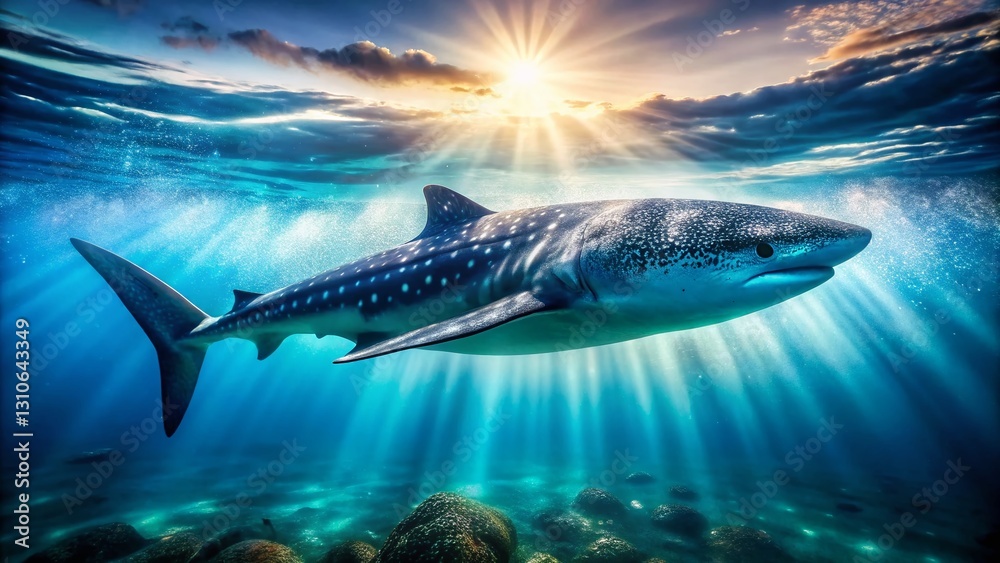 Naklejka premium Majestic Whale Shark Gracefully Swimming in Calm Ocean Waters - Underwater Stock Photo