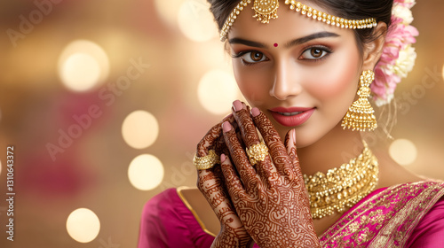 Indian Woman in a Maroon Lehenga Flaunting Her Detailed Henna Artwork
