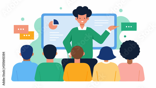 Online Class Instructor An individual standing next to a whiteboard teaching a virtual class. The screen shows a diverse group of students watching symbolizing multiple income