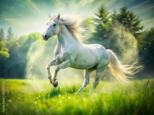 Majestic White Stallion Running Free in Sunlit Field - Double Exposure Photography