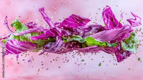 Salad ingredients levitate, with red cabbage, lettuce, and sesame seeds on pink