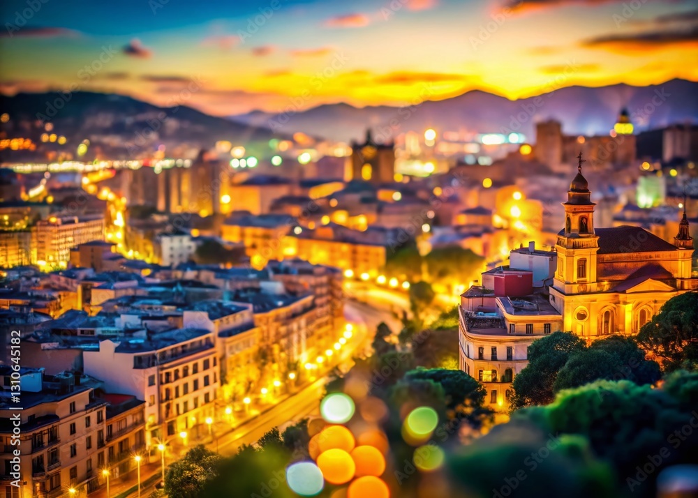 Fototapeta premium Malaga Nightlife: Bokeh Lights and Cityscape - Stunning Night Photography