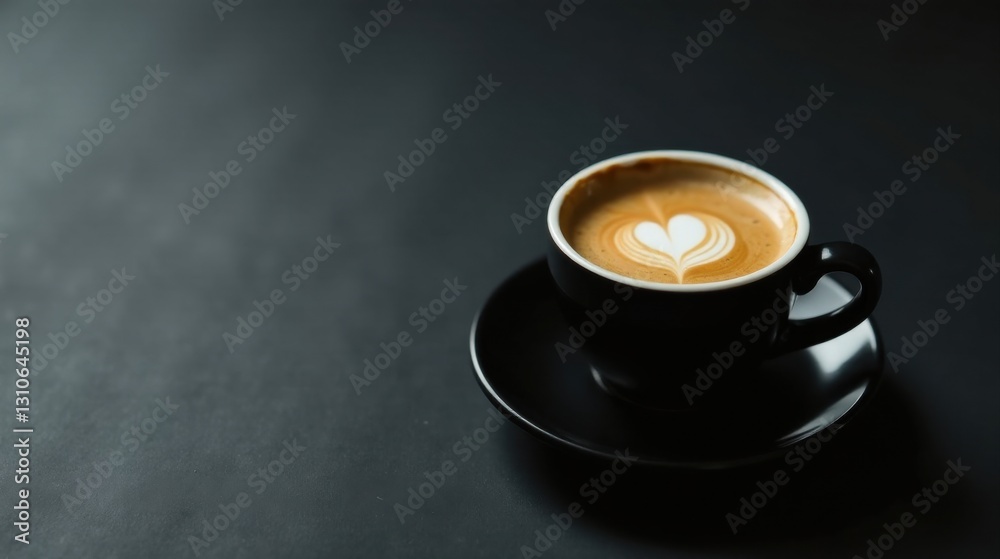 Aromatic Coffee with Heart-Shaped Latte Art in a Sleek Black Cup on a Dark Surface Aromatic Coffee with Heart-Shaped Latte Art in a Sleek Black Cup on a Dark Surface