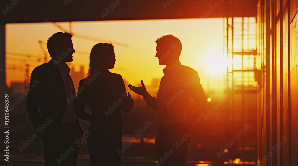 Silhouetted business professionals engaged in conversation during a sunset at a construction site Silhouetted business professionals engaged in conversation during a sunset at a construction site
