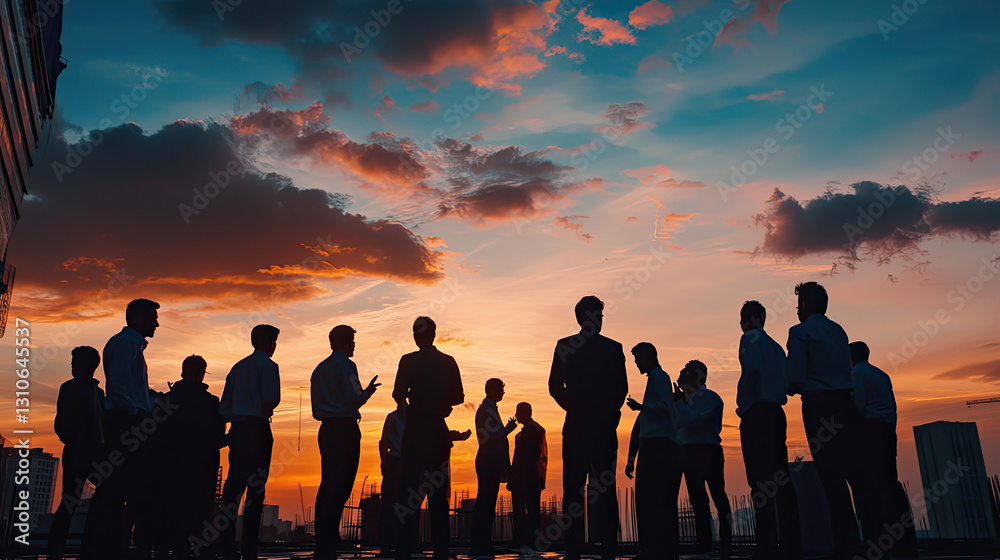 Silhouetted business professionals engaged in discussion against a vibrant sunset skyline Silhouetted business professionals engaged in discussion against a vibrant sunset skyline
