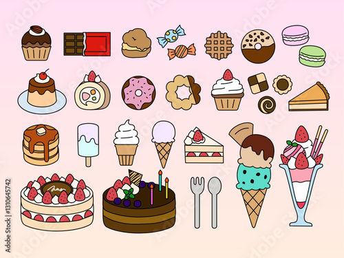 ケーキやスイーツのイラストアイコンセット
