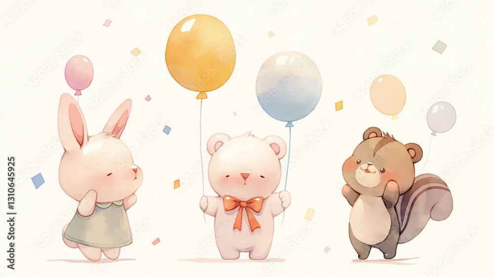 Naklejka premium テディベアとうさぎの癒しイラスト｜カラフルな風船を持つ可愛い仲間たち