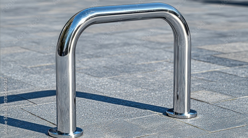 Shiny metal bike rack on gray stone pavement. Minimalist design, sunlight highlights Shiny metal bike rack on gray stone pavement. Minimalist design, sunlight highlights