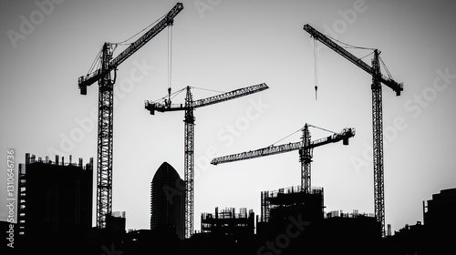 Silhouetted construction cranes against a twilight skyline with urban buildings in progress photo