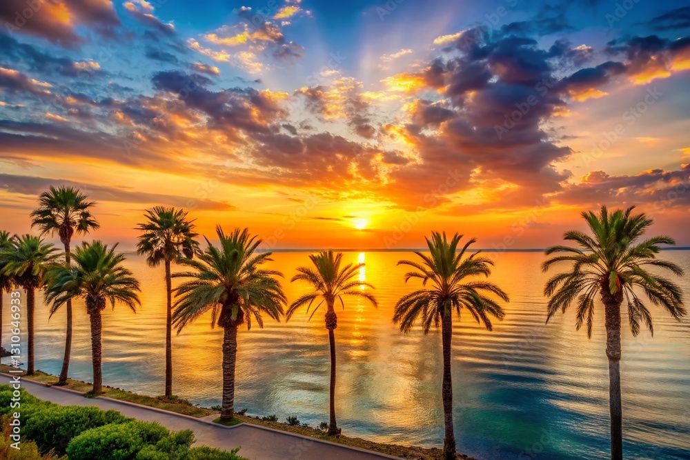 Obraz premium Mediterranean Sunrise: Golden Hour Coastal Beauty, Low Light Photography