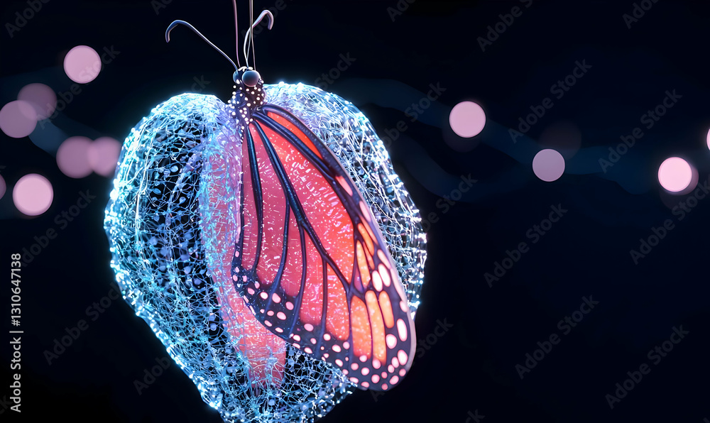 Naklejka premium Vibrant Butterfly Glowing in Ethereal Night Background