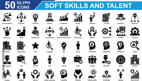 Soft Skills And Talent Icon Set Collection. Containing communication, teamwork, creativity, success, leadership, growth, potential, concept, education, resource, job. Simple Glyph Vector Illustration.