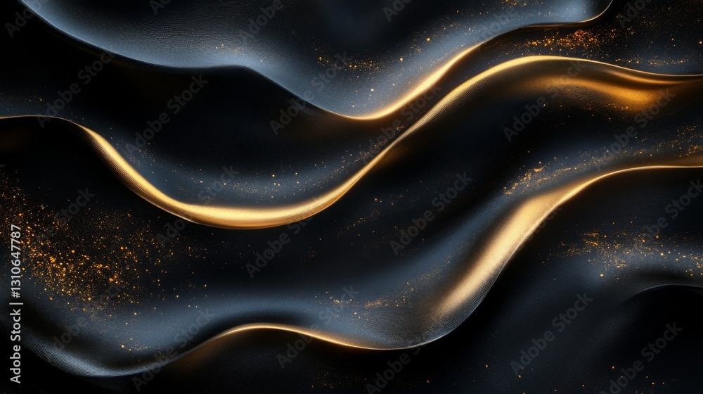 Flowing black fabric with golden illuminated curved lines Flowing black fabric with golden illuminated curved lines