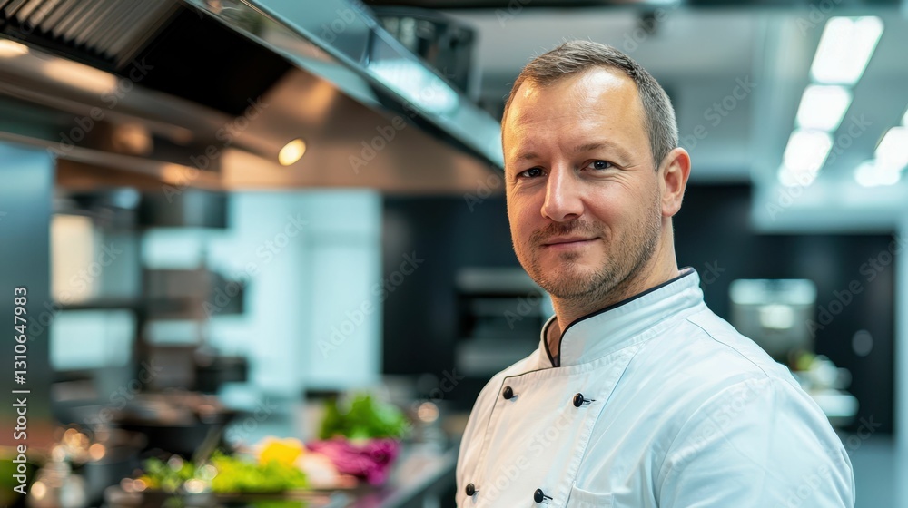 Fototapeta premium Modern Kitchen with Vibrant Chef and Sleek Design Elements